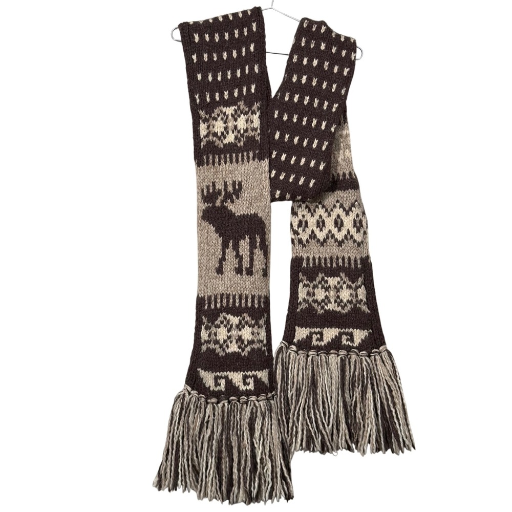 Abercrombie & Fitch Scarf Unisex OS Brown Vintage Moose Fair Isle Fringe Knit